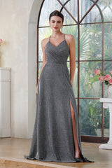 Glitter Long A-line Halter V-Neck Floor Length Side Split Formal Prom Dresses with Pocket