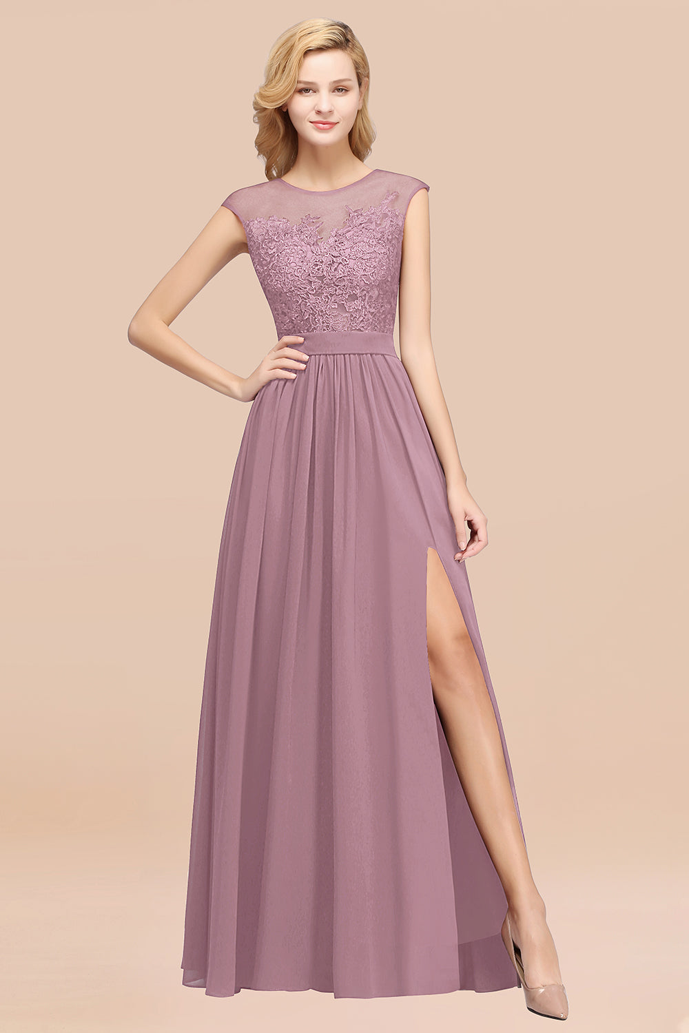 A-line Chiffon Lace Jewel Sleeveless Floor Length Bridesmaid Dresses with Appliques
