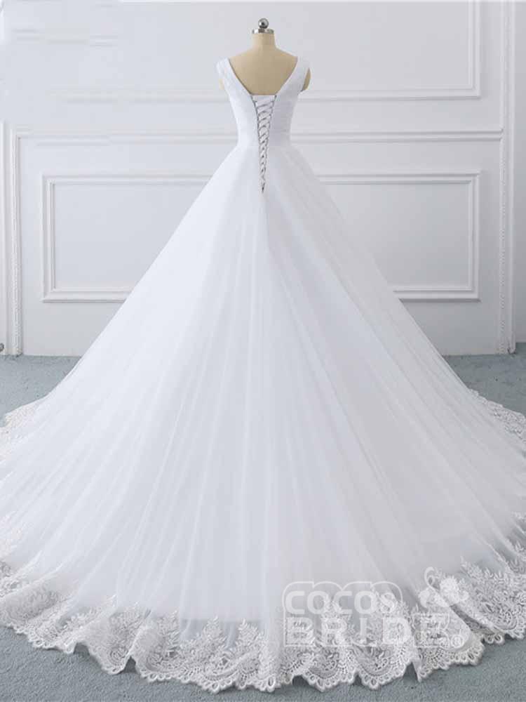 Simple Long V-Neck Lace-Up Ruffles Ball Gown Wedding Dresses