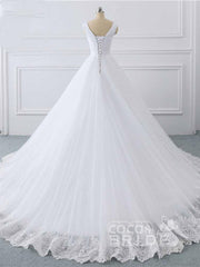 Simple Long V-Neck Lace-Up Ruffles Ball Gown Wedding Dresses