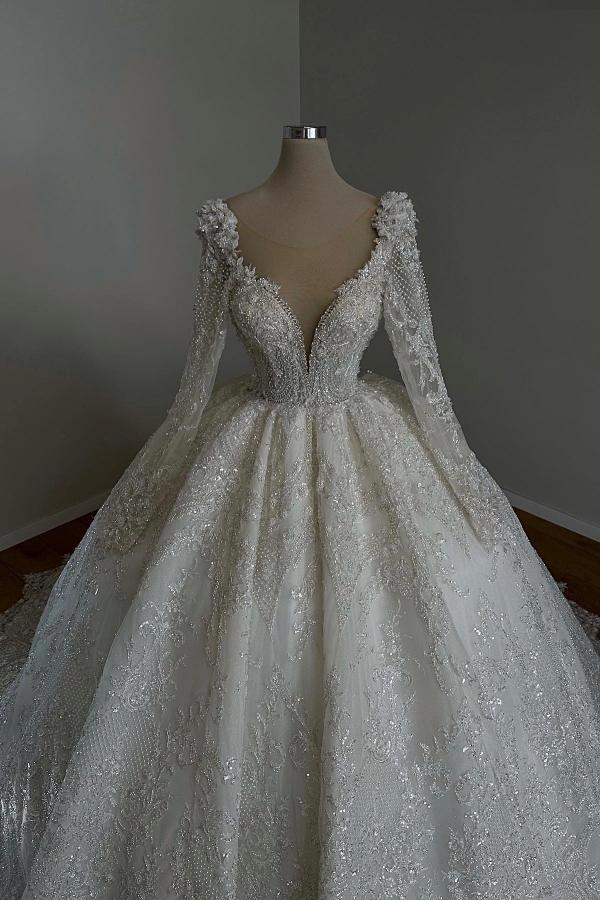 Ivory Long Ball Gown V-neck Tulle Lace Wedding Dresses with Sleeves