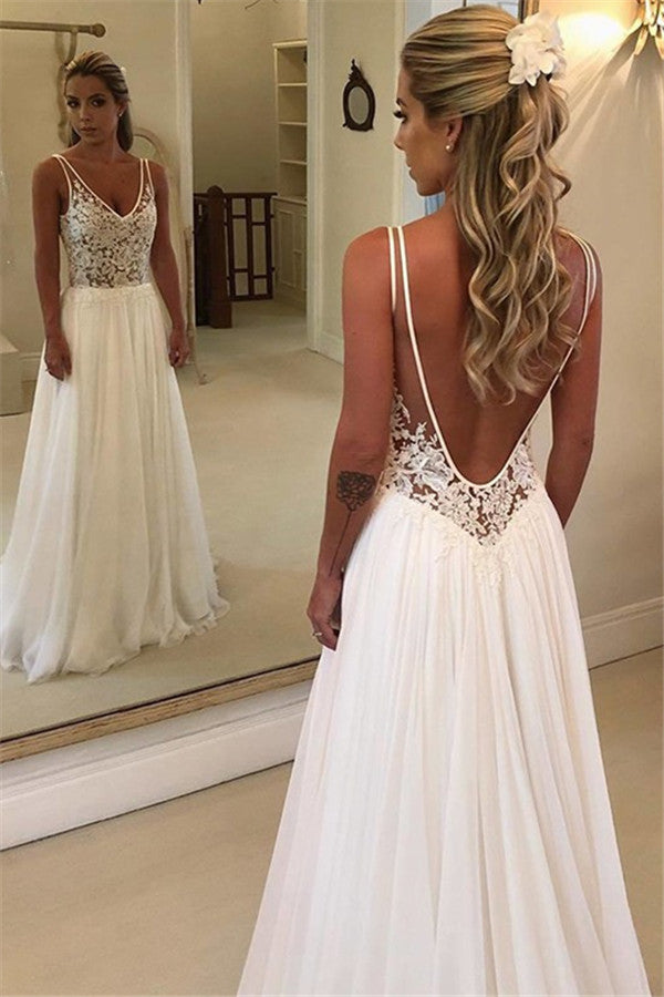 Long V-neck Chiffon A-line Chiffon Backless Wedding Dress