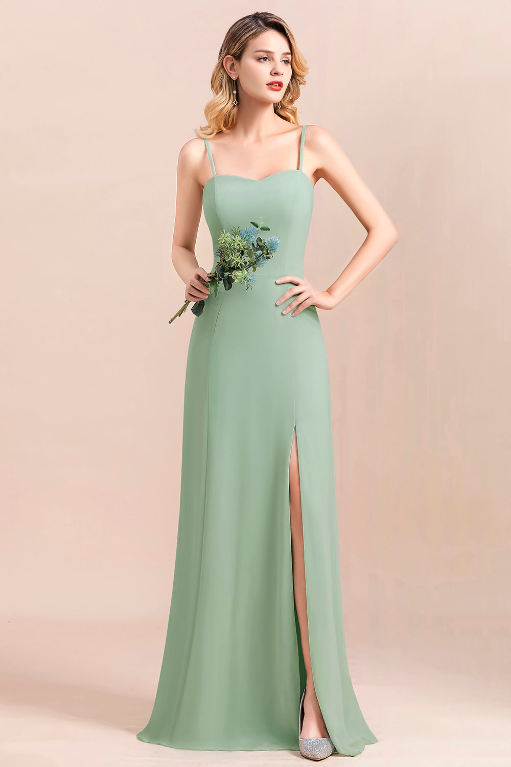 Romantic Sage Long Spaghetti Straps A-Line Chiffon Bridesmaid Dress With Side Slit