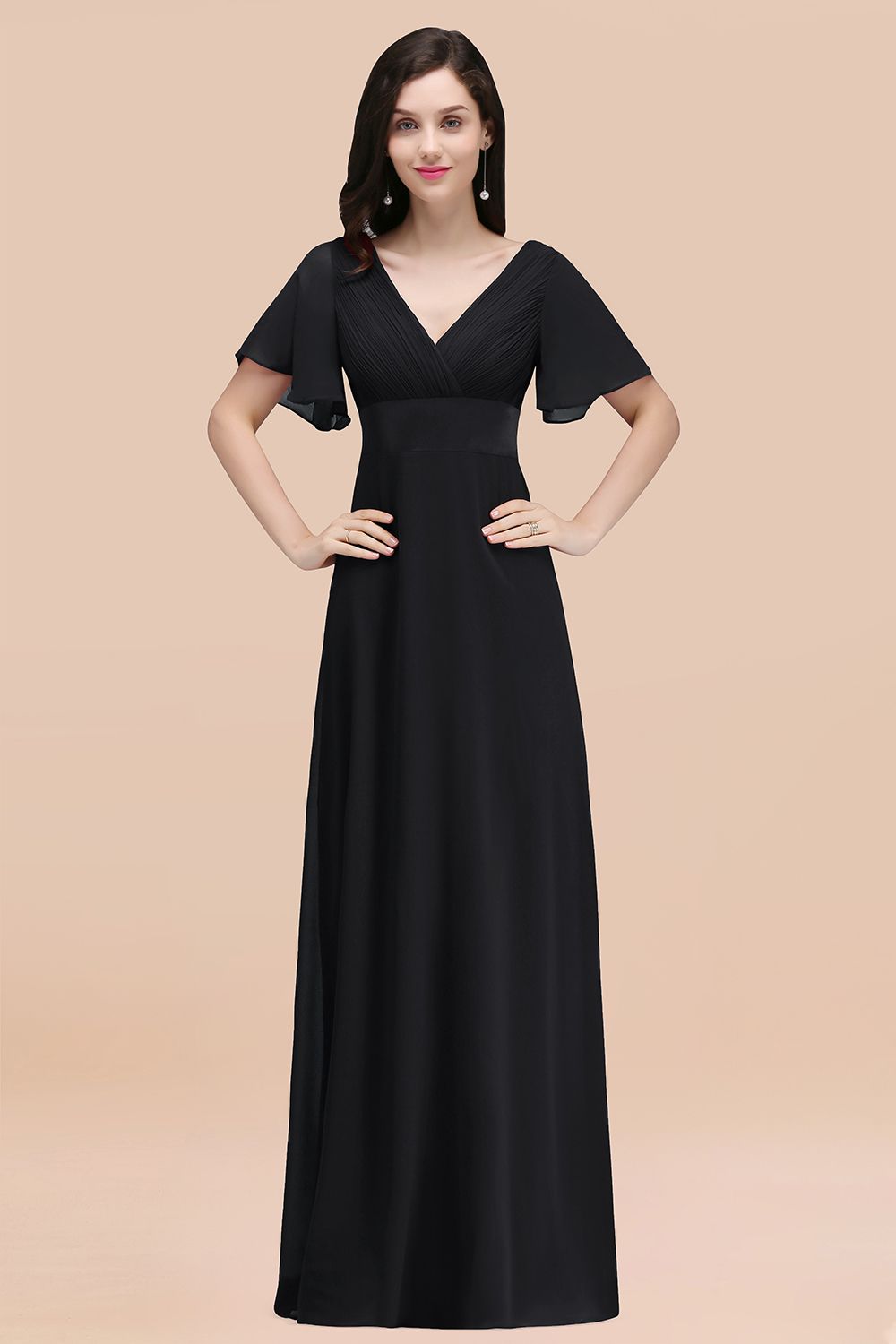 Simple A-Line Chiffon V-Neck Short Sleeves Ruffles Floor Length Bridesmaid Dresses