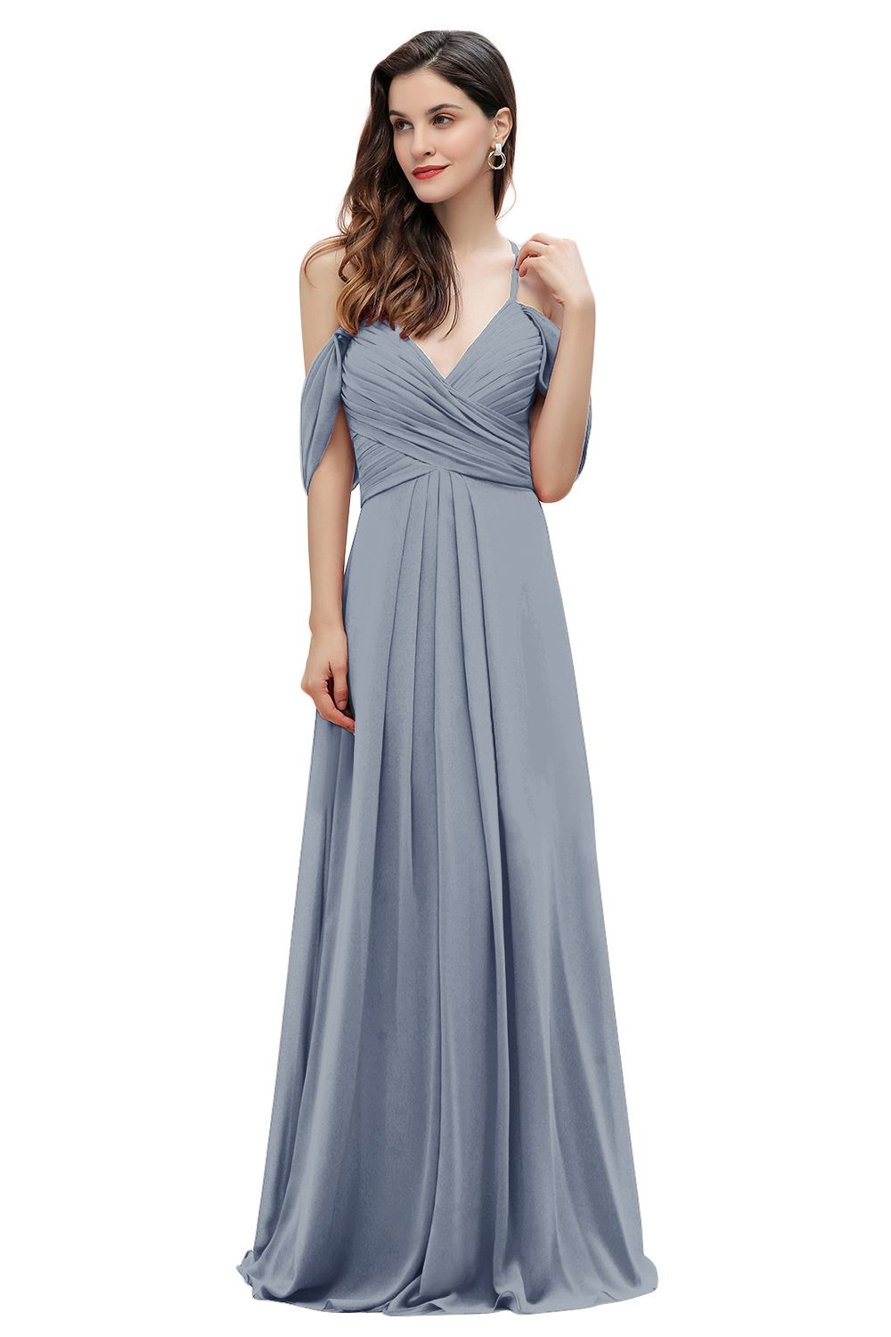 Off the Shoulder A-Line V-neck Chiffon Bridesmaid Dress Floor length Wedding Party Dress