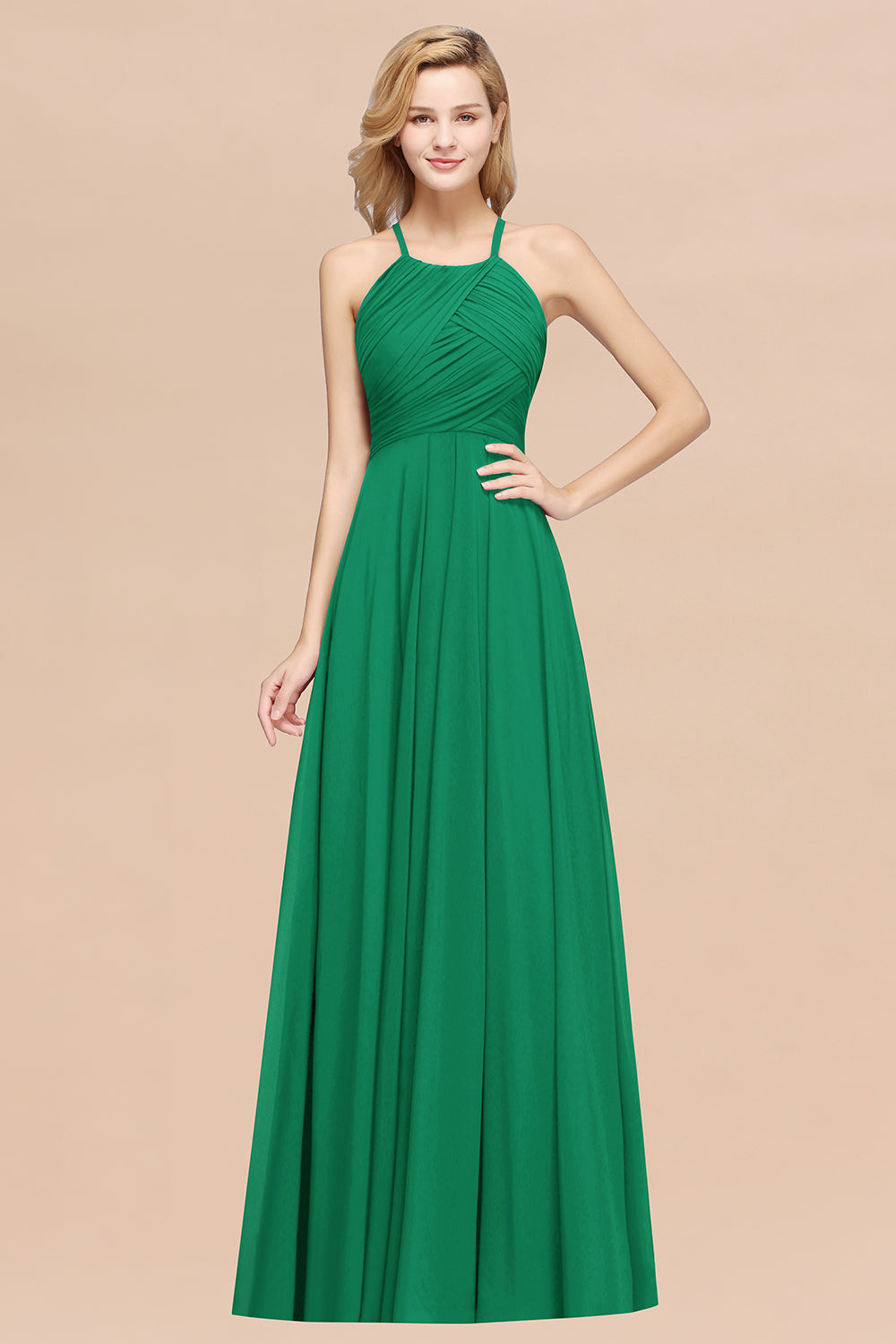 A-Line Chiffon Halter Ruffles Floor Length Bridesmaid Dress