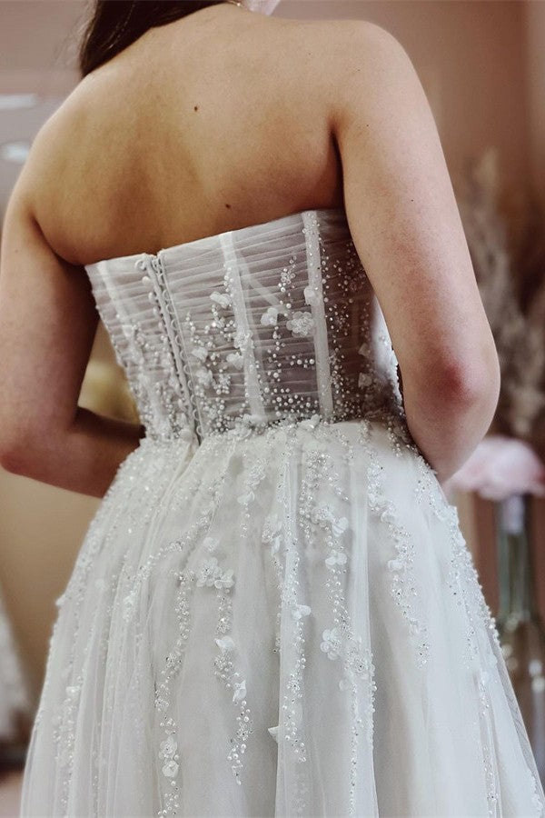 Sexy Long A-line Sweetheart Tulle Lace Wedding Dress with Slit