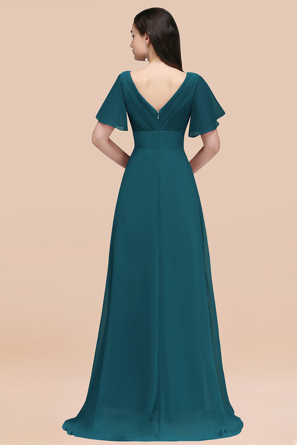 Simple A-Line Chiffon V-Neck Short Sleeves Ruffles Floor Length Bridesmaid Dresses