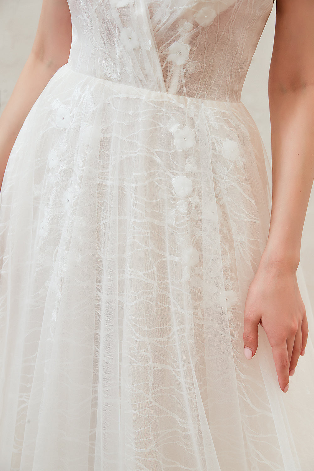 Classy A-Line Long V-neck Floor Length Lace Tulle Open Back Wedding Dress