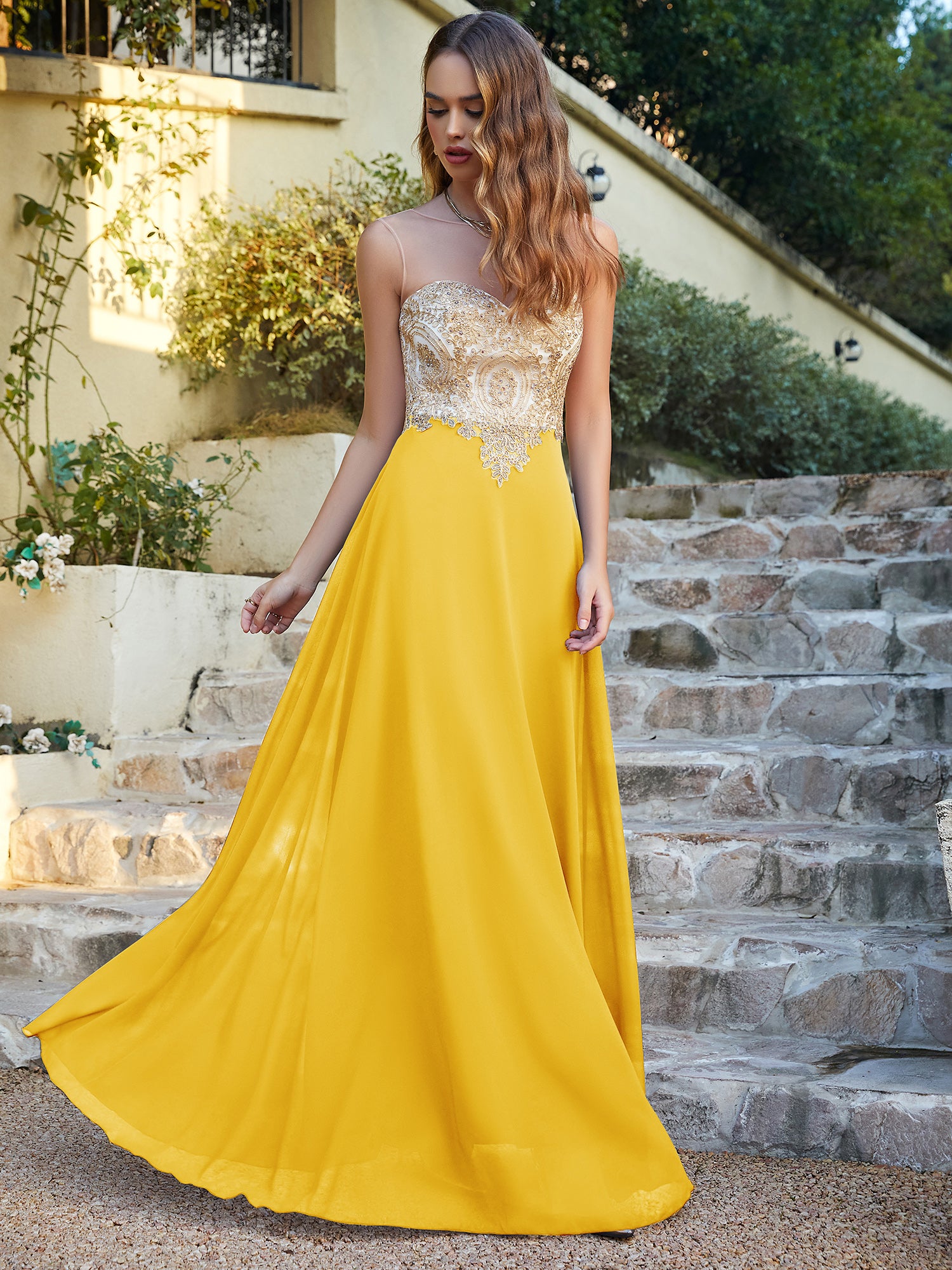 Elegant Long A-line Chiffon Sleeveless Tulle Lace Appliques Prom Dress