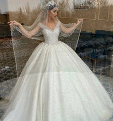 Gorgeous Long Sweetheart Off the Shoulder Backless Beading Ruffles Tulle Ball Gown Wedding Dress