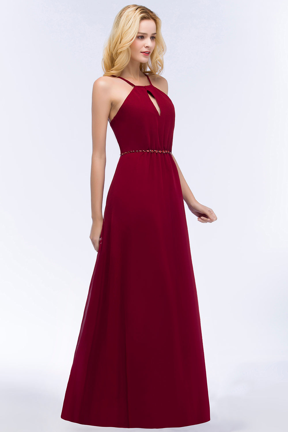 Simple A-Line Chiffon Spaghetti Straps Sleeveless Bridesmaid Dresses with Beading Sash