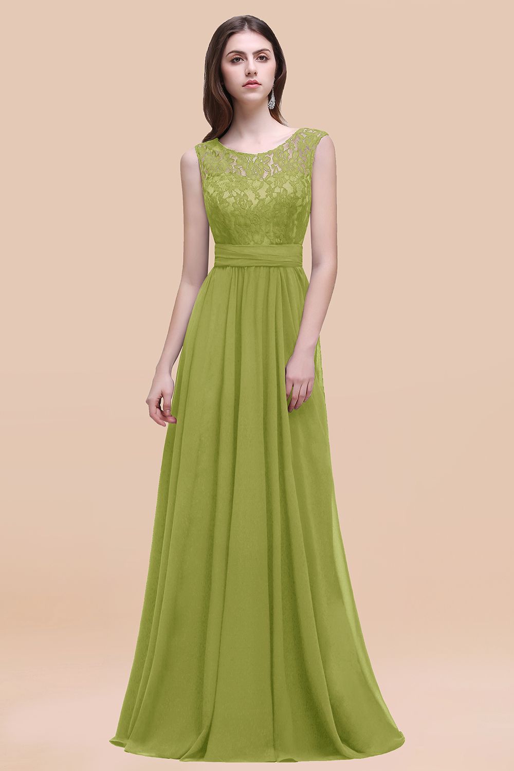 Elegant A-line Chiffon Lace Scoop Sleeveless Floor Length Bridesmaid Dress