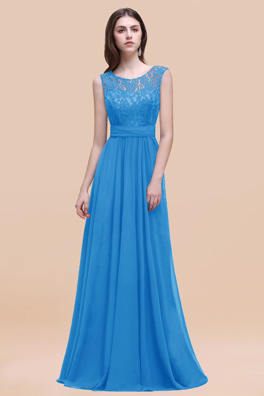 Elegant A-line Chiffon Lace Scoop Sleeveless Floor Length Bridesmaid Dress
