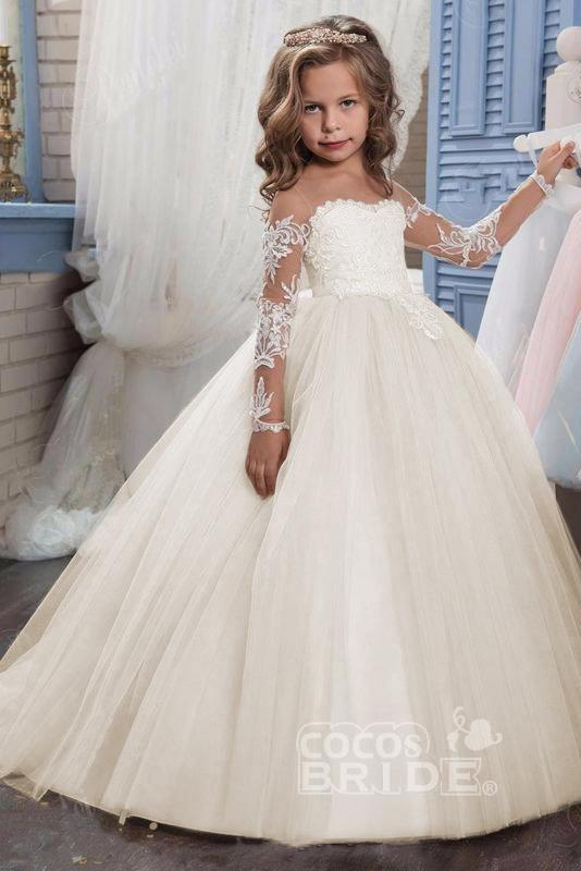 White Scoop Neck Long Sleeves Ball Gown Flower Girl Dress