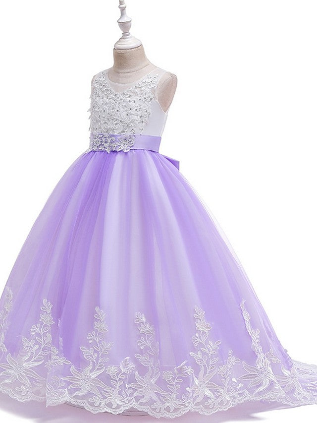 Long Ball Gown Tulle Sleeveless Jewel Neck Wedding Party Flower Girl Dresses With Bow