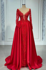 Gorgeous Red Long Sleeves A-Line Floor Length Satin Prom Dress with Ruffles