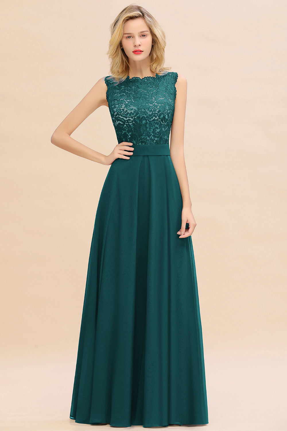 Long A-line Chiffon Lace Sleeveless Bridesmaid Dresses