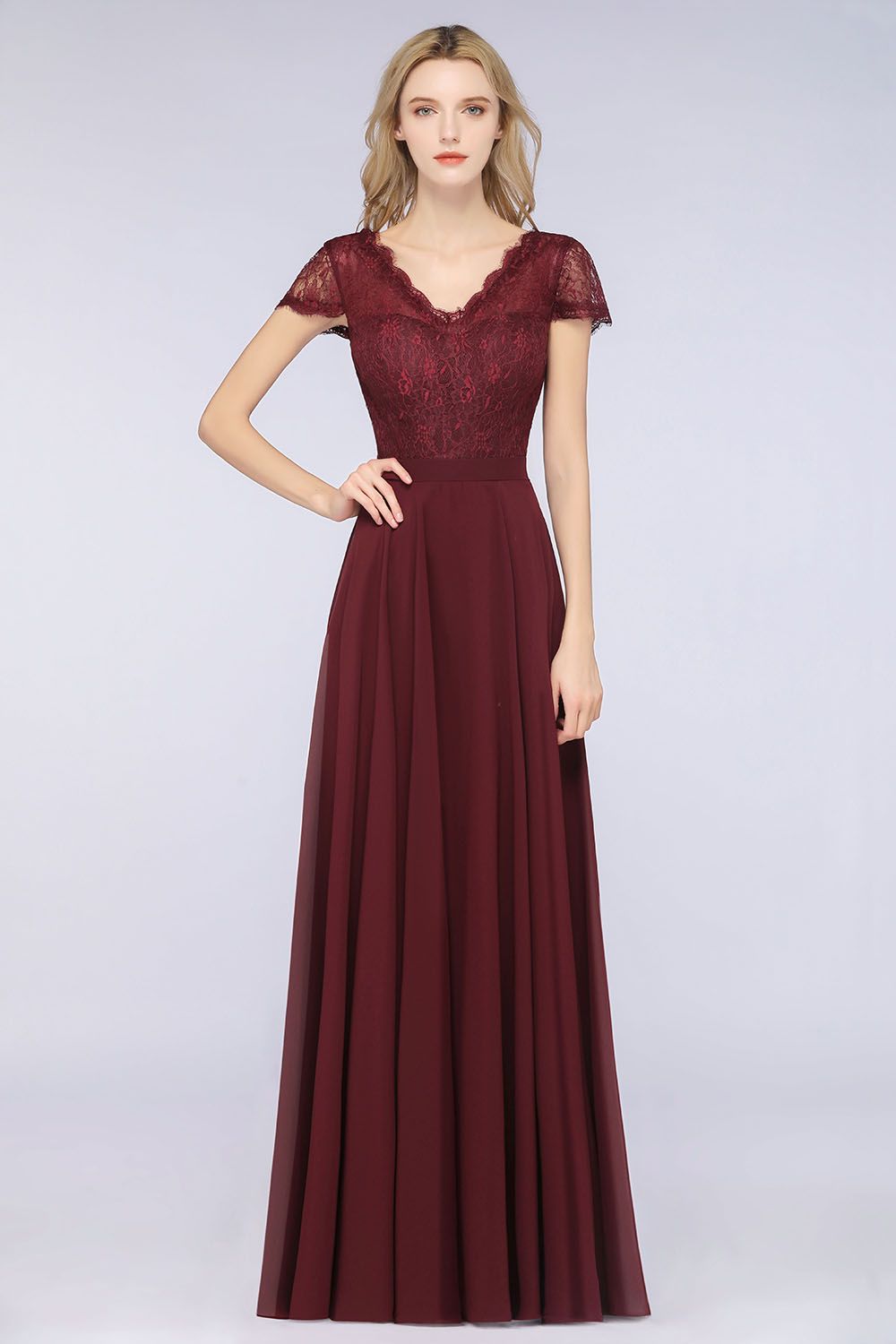 A-Line Chiffon Lace V-Neck Cap-Sleeves Floor Length Bridesmaid Dress