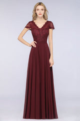 A-Line Chiffon Lace V-Neck Cap-Sleeves Floor Length Bridesmaid Dress
