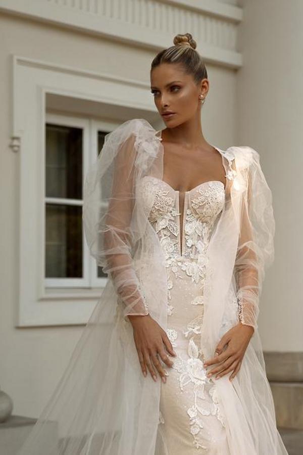 Elegant Long Mermaid Sweetheart Tulle Lace Wedding Dresses with Jacket