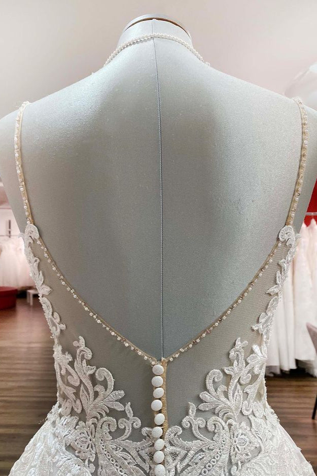 Long A-line V-neck Spaghetti Straps Ruffles Backless Wedding Dress with Lace