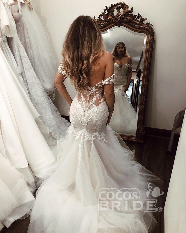 Off the Shoulder Mermaid Lace Long Tulle Wedding Dress