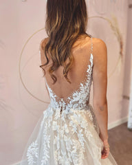 Long A-Line Deep V-neck Appliques Lace Tulle Backless Floor Length Wedding Dress