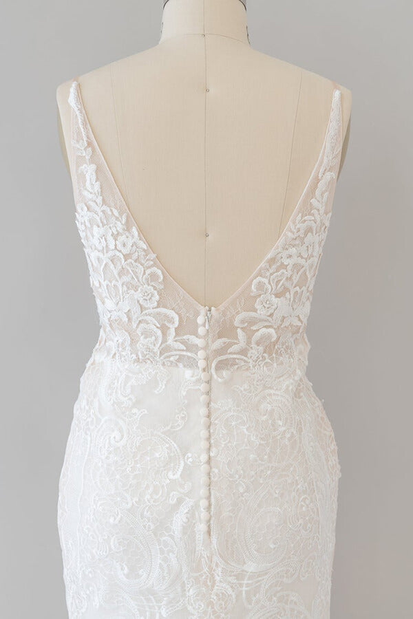Elegant Long Mermaid Appliques Lace V-neck Chiffon Wedding Dress