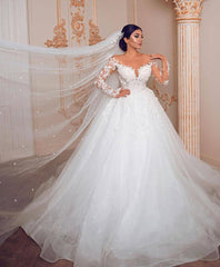 Modest Long Ball Gown Tulle Long Sleeves Lace Wedding Dress