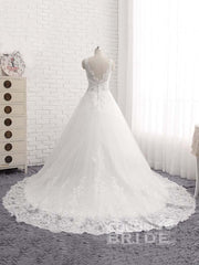 Long V-Neck Beaded Backless Tulle Lace A-Line Wedding Dresses