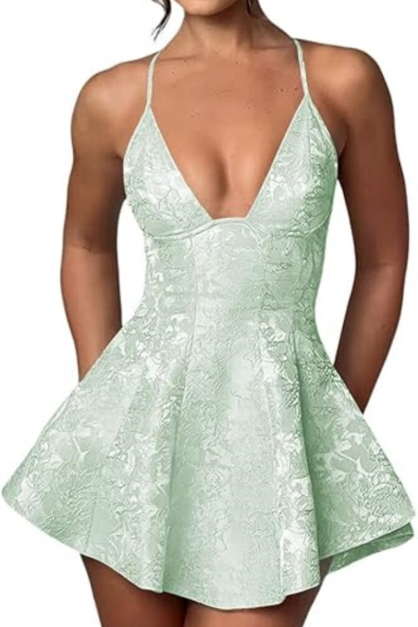 Short A-line Halter V-Neck Ruched Saitn Mini Backless Homecoming Dress
