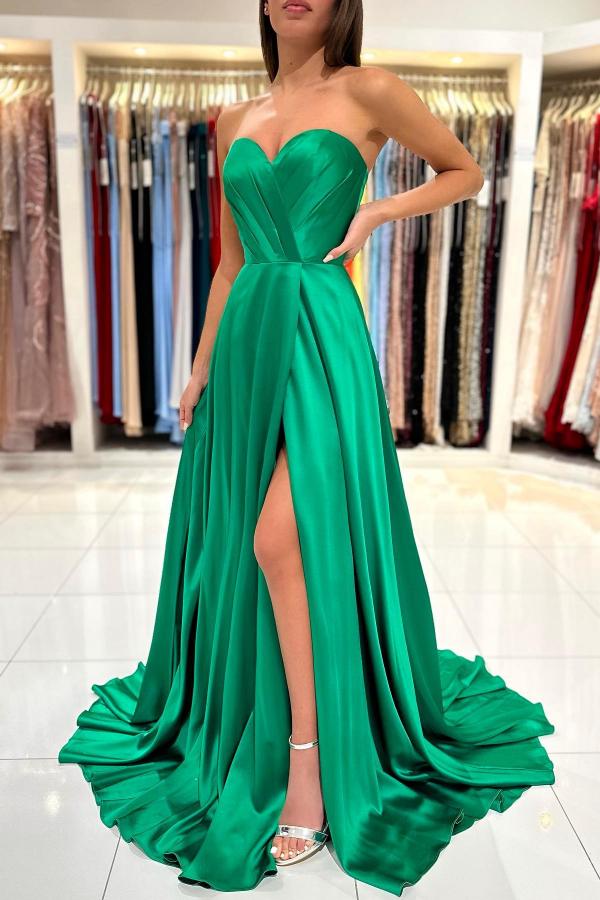 Long A-line Sweetheart Satin Prom Dress with Slit