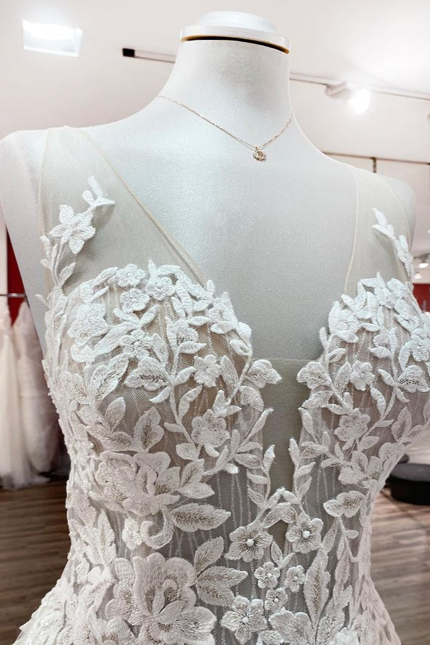 Long A-line Sweetheart Tulle Breath-taking Detailed Appliques Ruffles Open Back Wedding Dress
