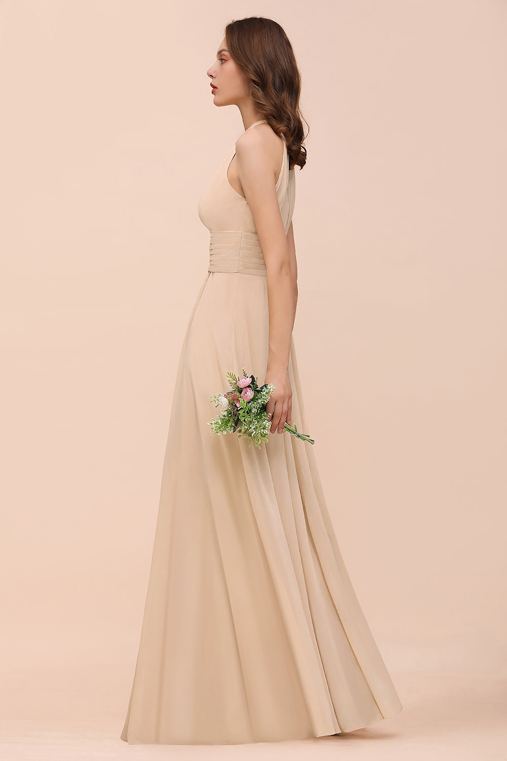 Elegant Long A-Line Jewel Ruffle Chiffon Champagne Bridesmaid Dress