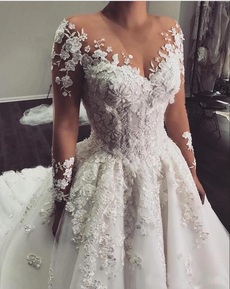 Elegant Bateau Long Sleeve Appliques Lace A-Line Floor Length Wedding Dress
