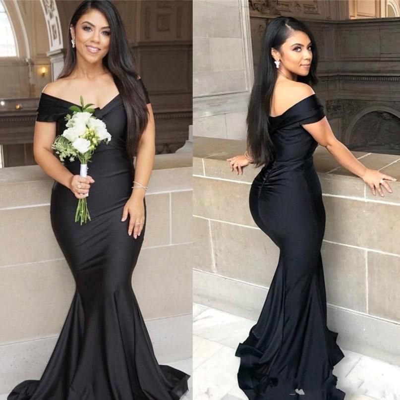 Black Long Off the Shoulder Floor Length Backless Mermaid Prom Dress