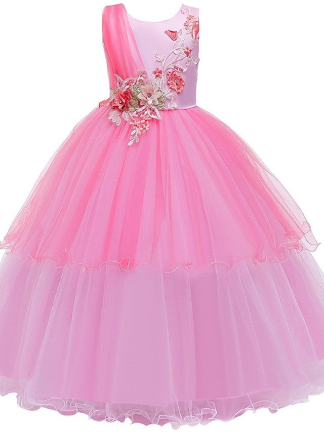 Long A-line Satin Sleeveless Jewel Neck Tulle Flower Girl Dresses For Wedding