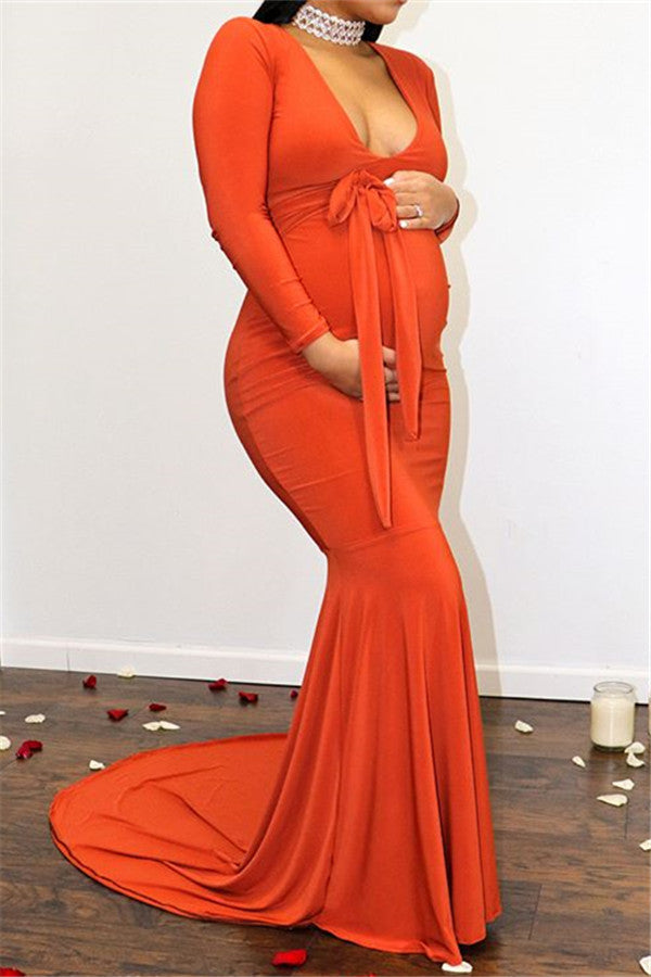Long V-neck Mermaid Floor Length Evening Formal Dress with Sleeves