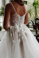 Long Spaghetti Straps V Neck Tulle A Line Wedding Dress with Appliques Lace