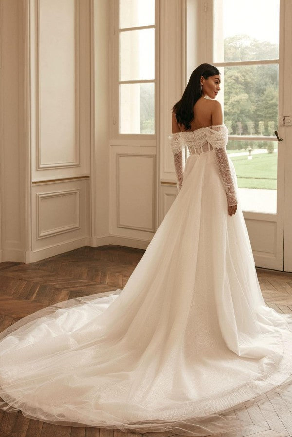 Glitter Long A-line Off the Shoulder Wedding Dresses with Sleeves