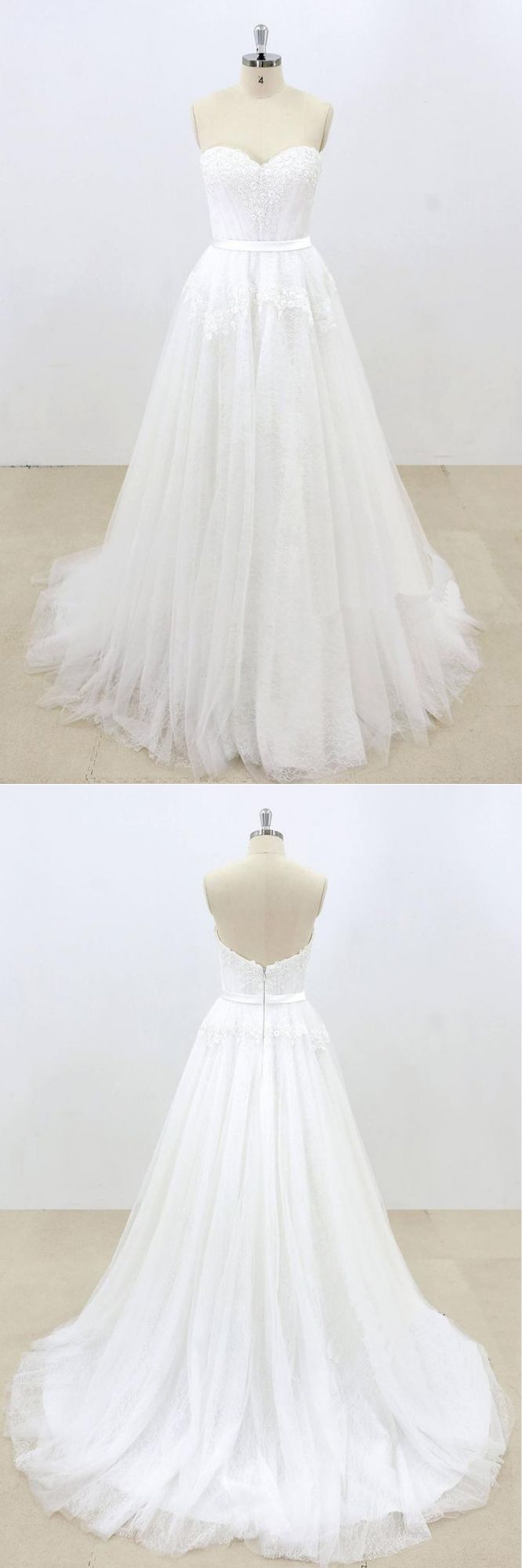 Long A-line Sweetheart Tulle Strapless Lace Wedding Dress