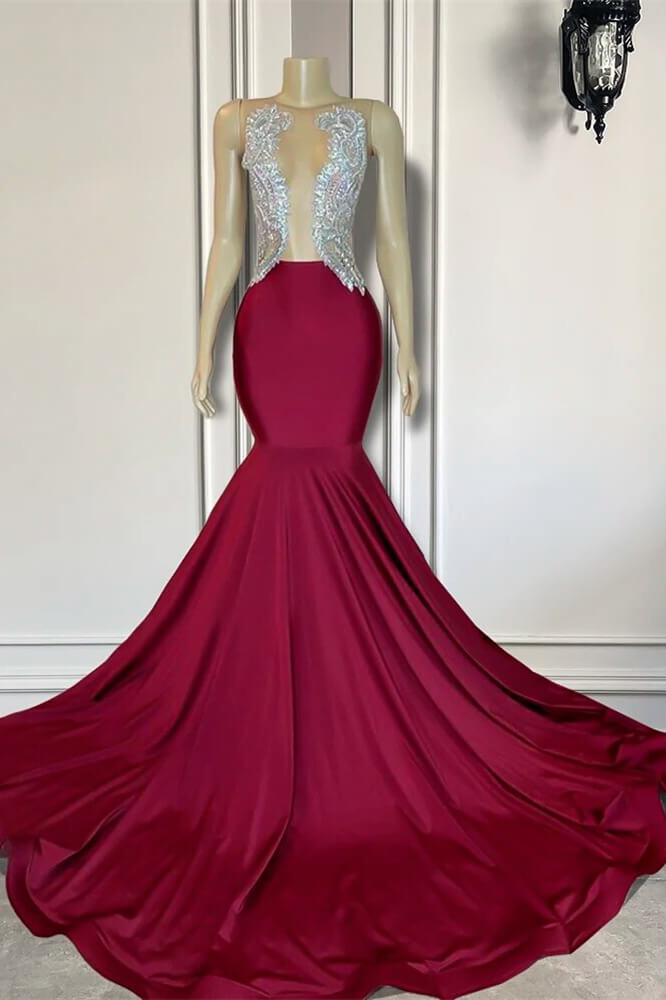 Burgundy Crew Neck Mermaid Long Appliques Lace Satin Prom Dress