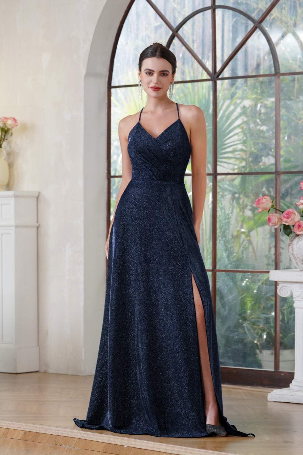 Glitter Long A-line Halter V-Neck Floor Length Side Split Formal Prom Dresses with Pocket