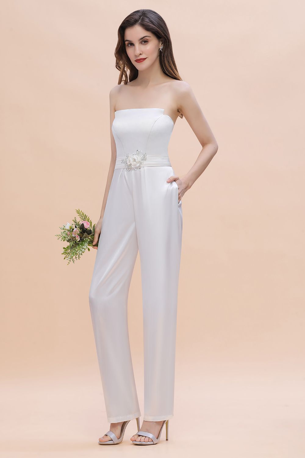 Classy Strapless Floor Length Bridesmaid Dress Backless Jumpsuit With Flower Embellishment