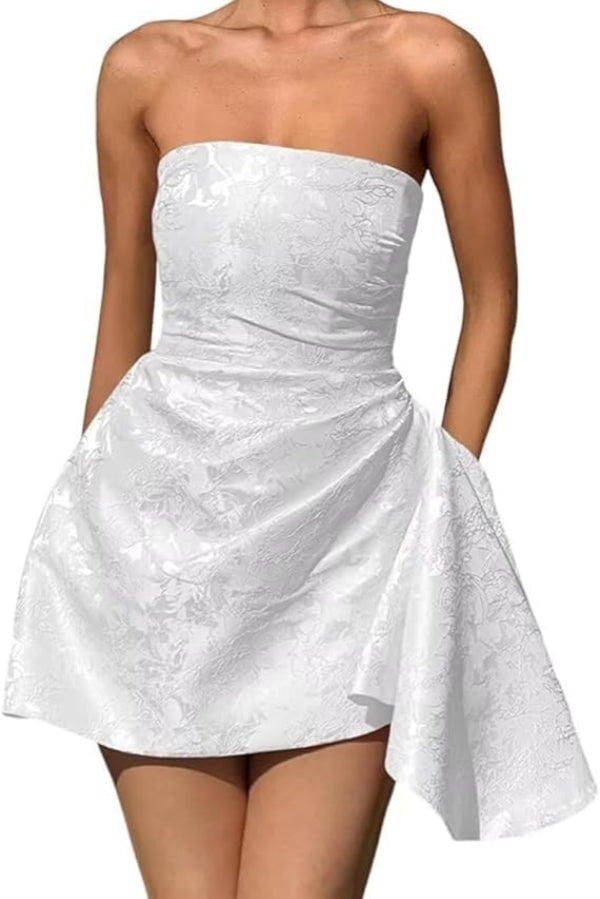 Elegant Short A-line Strapless Ruffle Jacquard Satin Homecoming Dress