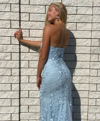 Elegant Strapless Backless Appliques Lace Long Mermaid Prom Dress With Split