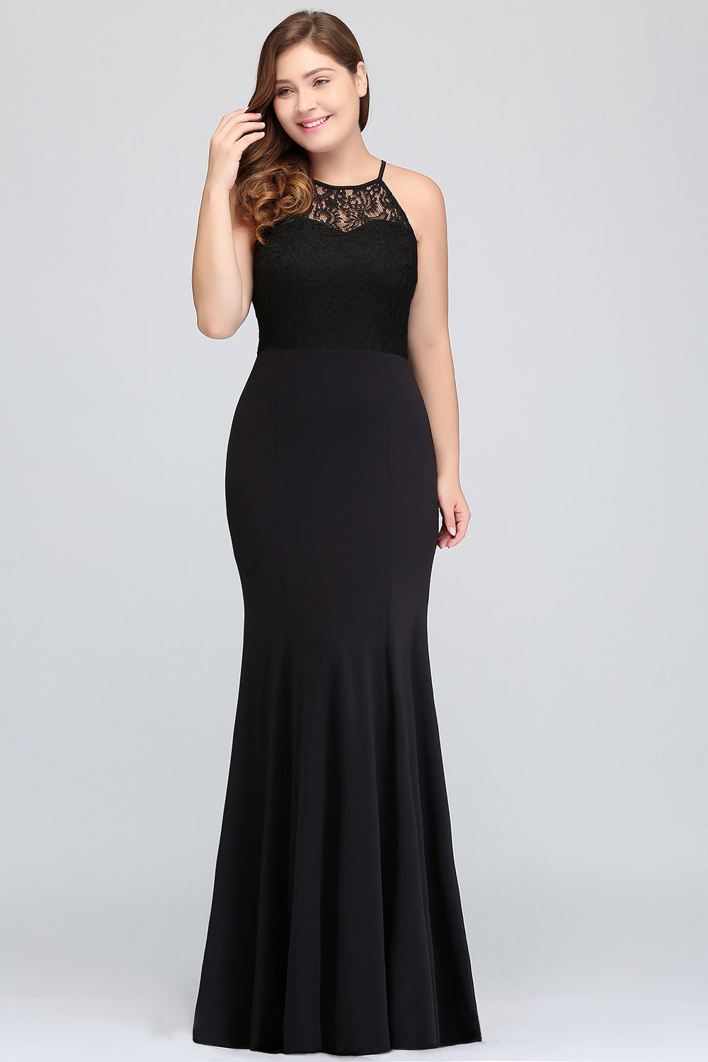 Plus Size Black Halter Spaghetti Straps Floor Length Ruffles Mermaid Prom Dress