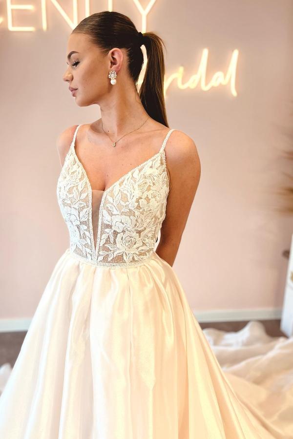 Charming A-Line V-Neck Spaghetti Straps Backless Satin Lace Long Wedding Dress