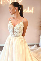 Charming A-Line V-Neck Spaghetti Straps Backless Satin Lace Long Wedding Dress